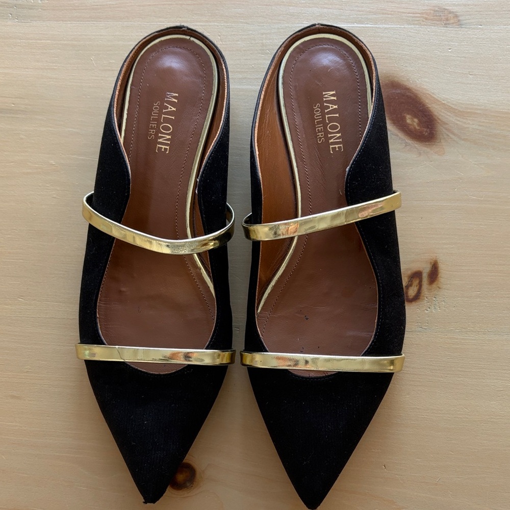 Malone Souliers Black Mules with Gold Straps